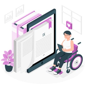 graphic of person sitting next to a large tablet screen that is merged with the image of an open printed book. Nearby is a person in a wheelchair holding a tablet and reading