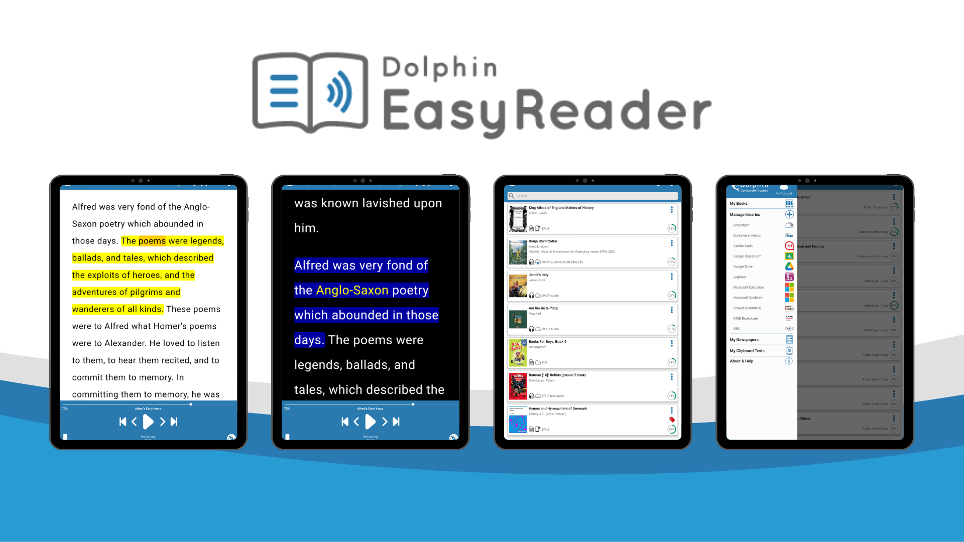 Reading panes and menus in EasyReader App, displayed on 4 different tablet screens