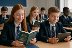 photographic children in school uniform reading in class some reading books and some reading on computer tablets do not have a blackboard in the room-Jan-30-2026-02-23-32-6771-PM