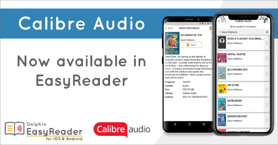 Image displays the Calibre Audio book displayed on easyReader on a smartphone. With the EasyReader and Calibre Audio logos and 'Calibre Audio - Now available in EasyReader'