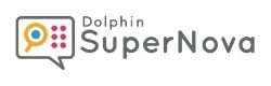 Dolphin SuperNova Logo - Shows a speech bubble icon with icons of a magnifying glass and braille dots inside.