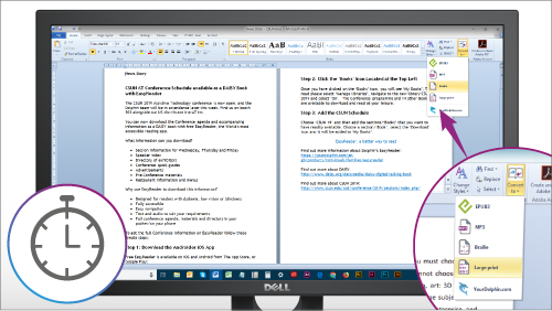 Image of a MS Word document with the EasyConverter Express button on the tool bar and the drop down menu, magnified.