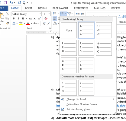 Dialogue box in Word displaying List options: numbered lists, bulleted lists, outlines, etc.