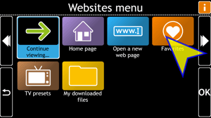 Websites Menu: Websites Menu: Continue Viewing, Home page, Open a new web page, Favorites, TV Presets, My downloaded files.