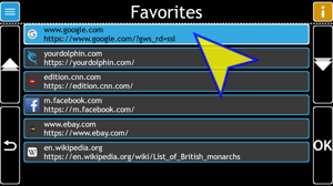 Saved Favorites:List of website names and URLs. Google appears at the top and is highlighted.
