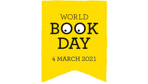 World Book Day logo - shows the words World Book Day 4 March 2021 in black on a yellow background. With the Os in book made to look like eyes