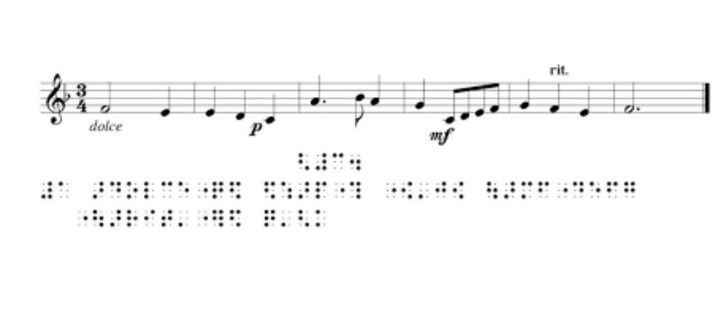 Musical notes with braille music translation shown underneath