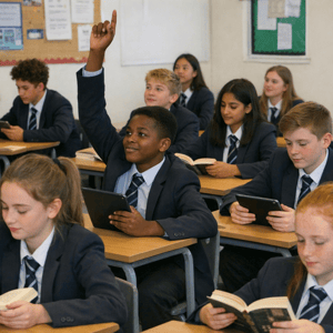 Student with ipad raises his hand in class to answer a question