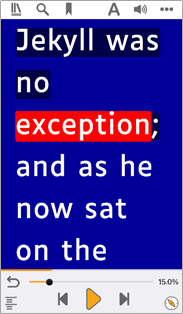 Image shows screen grab of EasyReader interface where the background is blue, the copy is magnified and white, and the word being read is highlighted in red